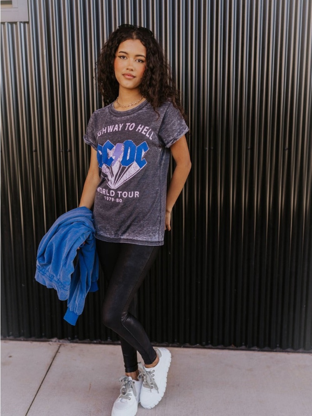 AC/DC Women's Short Sleeve 'Highway to Hell' Graphic Tee - Charcoal with Blue